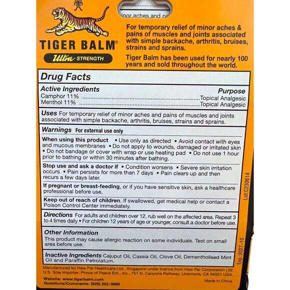 Tiger Balm ULTRA STRENGTH Sports Rub Ointment Pain Relief 0.35 oz 10g QTY 2 - Picture 5 of 6
